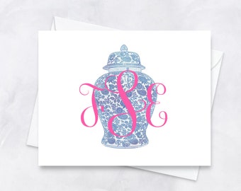 ginger jar custom note card set, Personalized folded preppy stationery, gift for teacher, bride to be gift, navy gingham stationery set