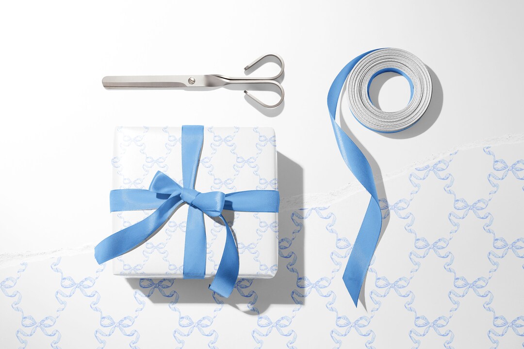 Watercolor Blue Bow Wrapping Paper, Nantucket Preppy Gift Wrap