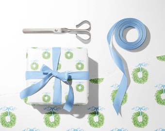 preppy christmas wrapping paper, coastal grandma wreath blue ribbon gift wrap, watercolor style, grand millennial, classic wrapping paper,