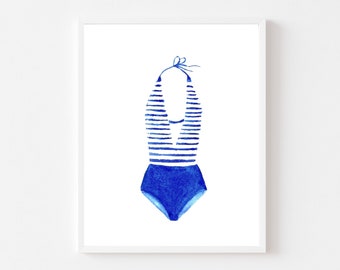 preppy blue vintage bathing suit, summertime  wall art, watercolor beach prints for nursery, navy retro, chinoiserie art, blue and white