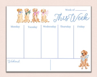 Golden retriever desk planner, tear Off weekly planner pad, gift for blue and white office desk, weekly desk To Do list pad, Cute desk note,