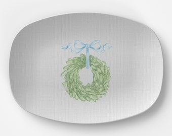 watercolor wreath platter, neighborhood cookie serving plate, blue and whitel hostess gift, housewarming present, preppy tableware gift