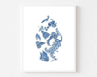 floral ginger jar navy print, floral navy wall decor, navy bird floral print, ginger jar pattern, blue and white art bird lover, chinoiserie