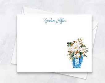 ginger jar flat note cards, custom note card for new bride, magnolia stationery card set, Monogrammed Thank You Notes, preppy floral gift