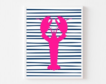 Lobster art print, nautical wall decor, hot pink lobster, nursery lobster decor, pink and navy, mothers day gift, beach wedding shower