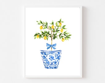 ginger jar topiary lemon wall art, lemon tree decor, watercolor chinoiserie topiary art, blue and white art, preppy wall, coastal grandma