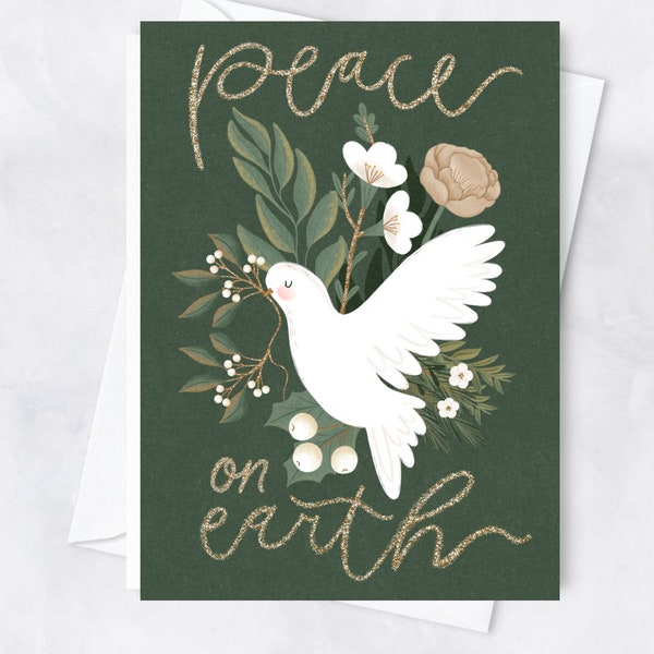 peace dove christmas cards, watercolor dove holiday cards, folded religious christmas cards, peace on earth boxed cards, retro mid century