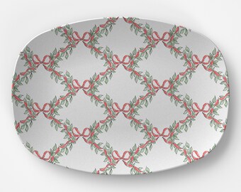 watercolor bows platter, neighborhood cookie serving plate, traditional greenery red bow hostess, housewarming present, preppy tableware