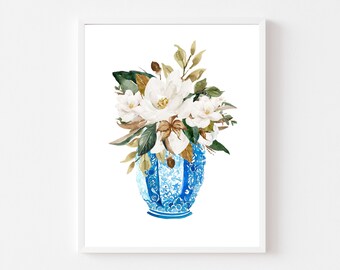 ginger jar magnolia wall art, watercolor floral print, chinoiserie wall art, blue and white art, preppy floral magnolias, grand millennial