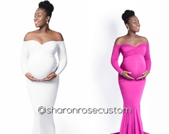 Pure White Maternity Gown for Photo Shoot Purple Long Sleeve Maternity Fitted Gown Maternity Dress for photo Maternity Photos Baby Shower Dr