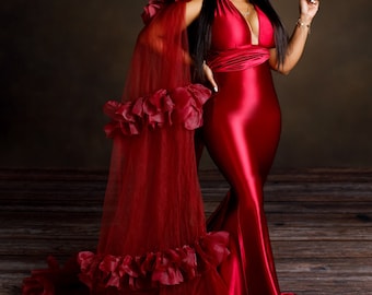 Oscar Wine Red Satin Gown with Victorious Cape Perfect for Engagement and Photo Shoots~Dress for Special Occasions~Convertible Satin Dress