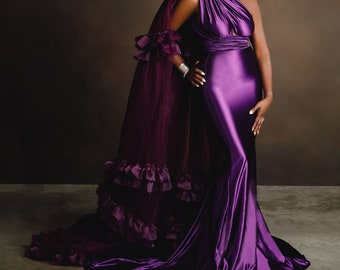 Oscar Purple Satin Engagement Gown with Victorious Cape Perfect for Photo Shoots~Dress for Special Occasions~Formal Gowns~Maxi Dress~