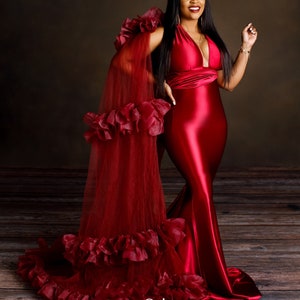 Oscar Wine Red Satin Gown with Victorious Cape Perfect for Engagement and Photo Shoots~Dress for Special Occasions~Convertible Satin Dress