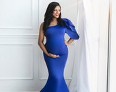Royal Blue Maternity Gown Long Fitted One Sleeve Dress Maternity Dress Baby Shower Dress Photography Prop Gown Pregnancy Dress Blue Dress