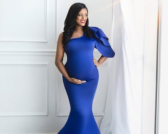 Royal Blue Maternity Gown~ Long Fitted One Sleeve Dress~Maternity Dress~Baby Shower Dress~Photography Prop Gown~Pregnancy Dress~Blue Dress