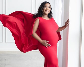 Red Maternity Dress~Dress With Cape~Long A line Gown With Long Cape~Maternity Gown~Baby Shower Gown~Maxi Dress~Dress for Photo Shoot