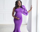Purple Dress Long Maternity Gown One Sleeve Gown Baby Shower Dress Mermaid Style Maxi Dress Purple Maternity Gown Dress for Photo Shoot