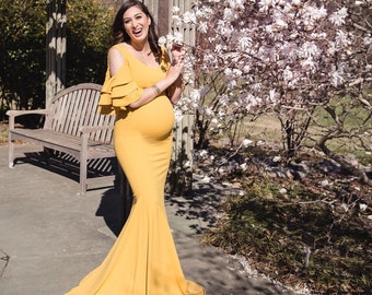 Yellow Mustard Maternity Dress~Photo Shoot Dress~Baby Shower~Pregnancy Dress~Wedding dress~Maxi~Long~Formal Dress~Bridesmaid Gown