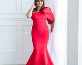 Red Maternity Dress for Photo shoots and Photography Mermaid Style Long Gown for Photo Shoot One Shoulder Red Tulip Dress for Baby Shower