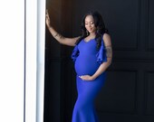 Royal Blue Maternity Gown Maternity Dress Baby Shower Dress Photography Prop Gown Blue Pregnancy Dress Ball Gown Ruffled Long Fitted Wedding