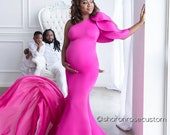 Fuchsia Pink Maternity Dress for Photo Shoot, One Shoulder Maternity Gown, Long Maternity Dress for Baby Shower, Mermaid Flare Gown
