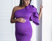 Purple Maternity Dress Long Fitted Maternity Gown for Photo Shoot Dress for Baby Shower Mermaid Style One Sleeve Gown Maxi Dress