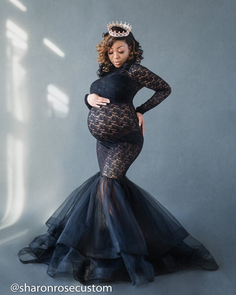 SharonRoseCouture Black Lace Maternity Gown~Long Maternity Dress for Photo Shoot~Dress for Baby Shower~Maxi Dress~Pregnancy Dress~Sale~Props~Rose Gown