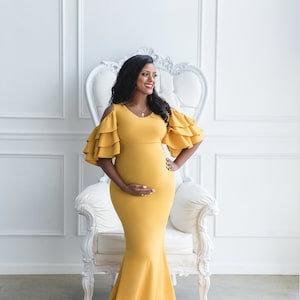 Yellow Maternity Dress~Gown for Photo Shoot~Short Sleeved~Baby Shower Dress~Pregnancy Gown~Maxi~Long Gown~Bridesmaid's Dress~Party Dress