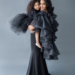Black Engagement Dress for Photo shoots and Photography Gown with ruffle cape dramatic dress mermaid style - The Patrician Cape Gown