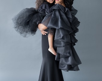 Black Engagement Dress for Photo shoots and Photography Gown with ruffle cape dramatic dress mermaid style - The Patrician Cape Gown