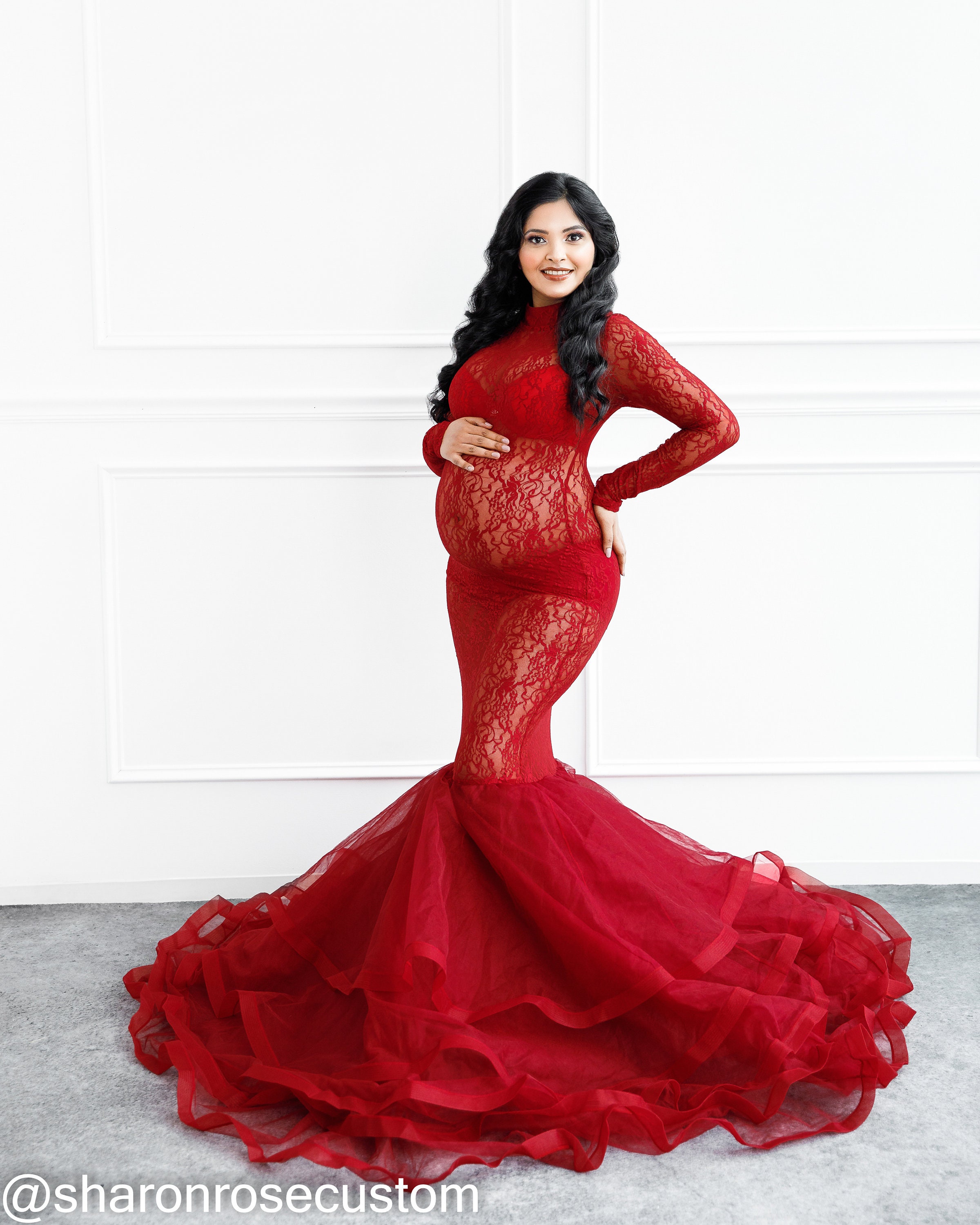 Rose Gown Red Lace Maternity Dress for Photoshoot, Long Sleeve