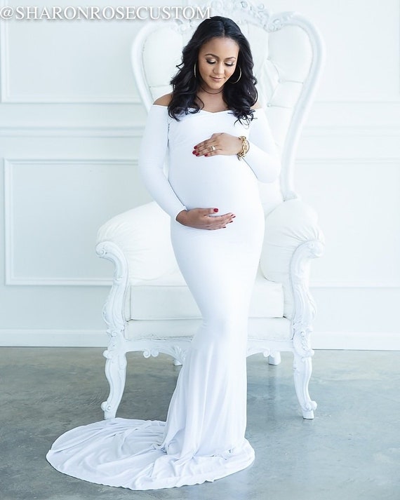 Elegant Maternity wrap gown, White baby shower dress, pregnant guest – Chic  Bump Club