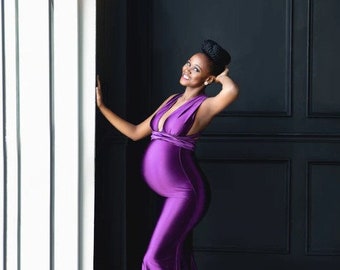 Oscar Purple Satin Maternity Gown for Photo Shoot and Baby Showers