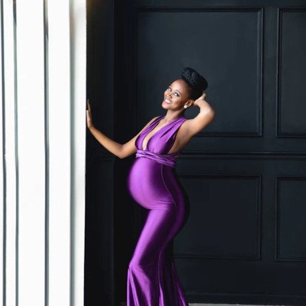 Oscar Purple Satin Maternity Gown for Photo Shoot and Baby Showers