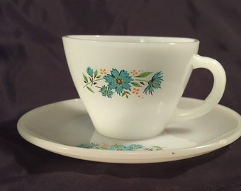 Fire King Floral Premium Cup and Saucer Set in Aqua Floral