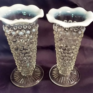 Anchor Hocking Moonstone Opalescent Hobnail Footed Vases