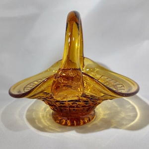 Small Amber Glass Basket with Grid and Dot pattern