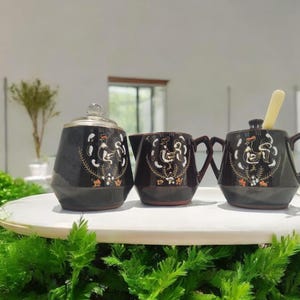 Vintage Japanese Brown Betty Redware Hand Painted with Roosters 6 pc Cream, Sugar and Mustard Set