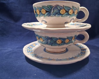 Vintage Hand Painted Deruta Italy Flat Cups and Saucers Set of 2