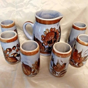 Vintage Hand made Hand painted Pitcher and 6 tumblers from Mexico