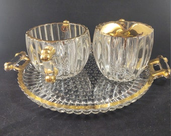 Jeannette National Clear With Gold Accents Cream and Sugar Set with Tray