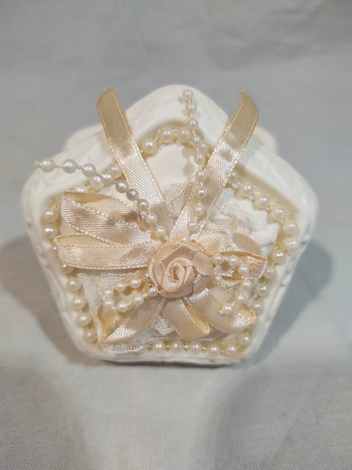 Vintage Ceramic Bisque Trinket Box With Ribbon and Beads Etsy
