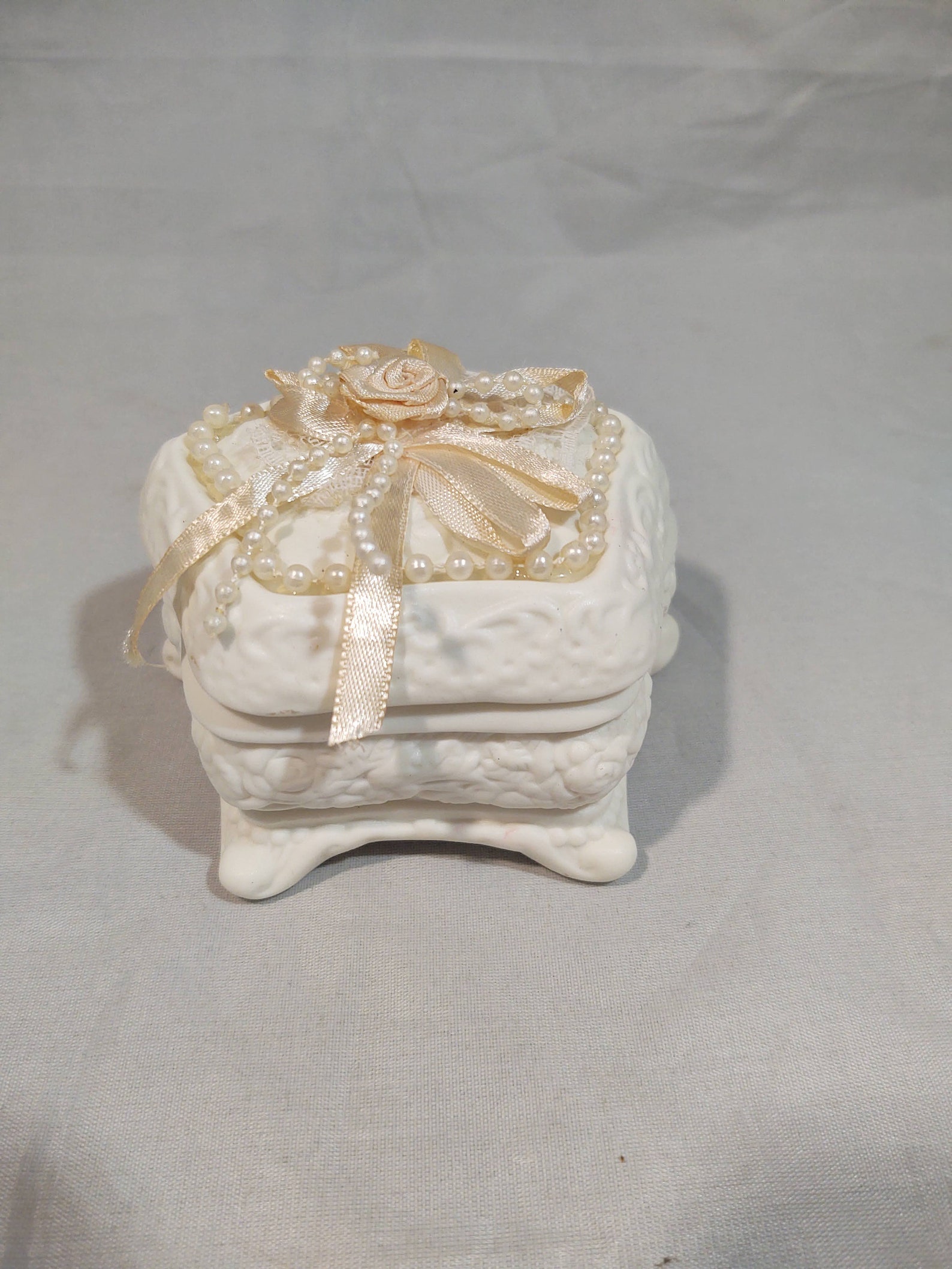 Vintage Ceramic Bisque Trinket Box With Ribbon and Beads Etsy
