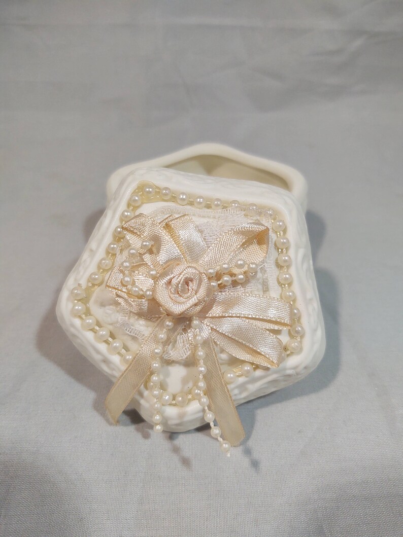 Vintage Ceramic Bisque Trinket Box With Ribbon and Beads Etsy