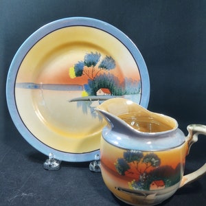 Vintage Hand Painted Takito Lustreware Creamer with Dessert Plate