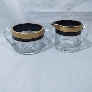 Vintage Black and Etched Gold Open Sugar and Creamer Set