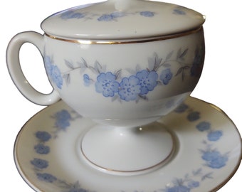 Vintage Baby Blue Eyes Flowers Footed Tea Cup and Saucer with Matching Lid