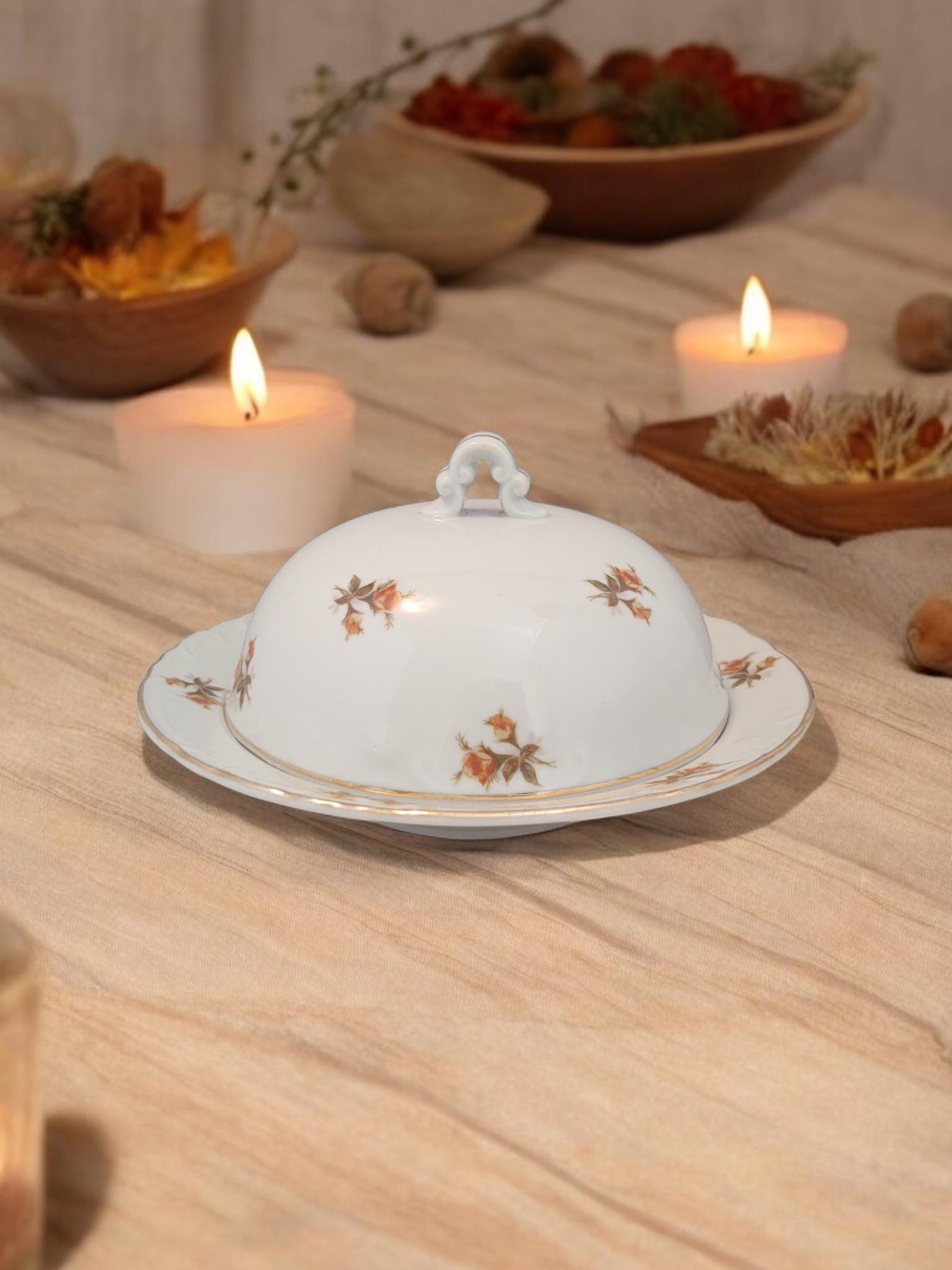 Vintage Cherry China Round Covered Butter with Yellow Roses