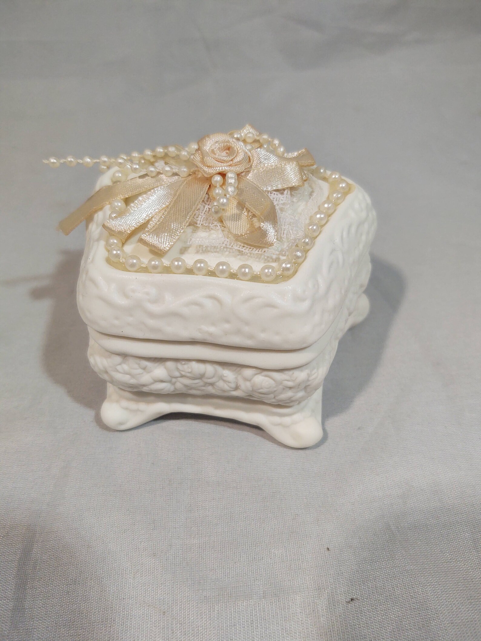Vintage Ceramic Bisque Trinket Box With Ribbon and Beads Etsy