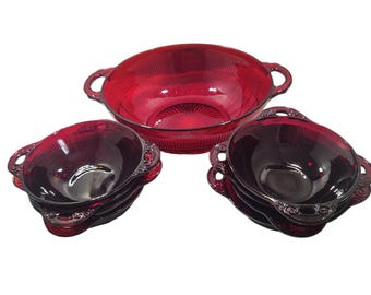 Vintage Anchor Hocking Coronation Fruit/berry Bowl Set in Ruby Red